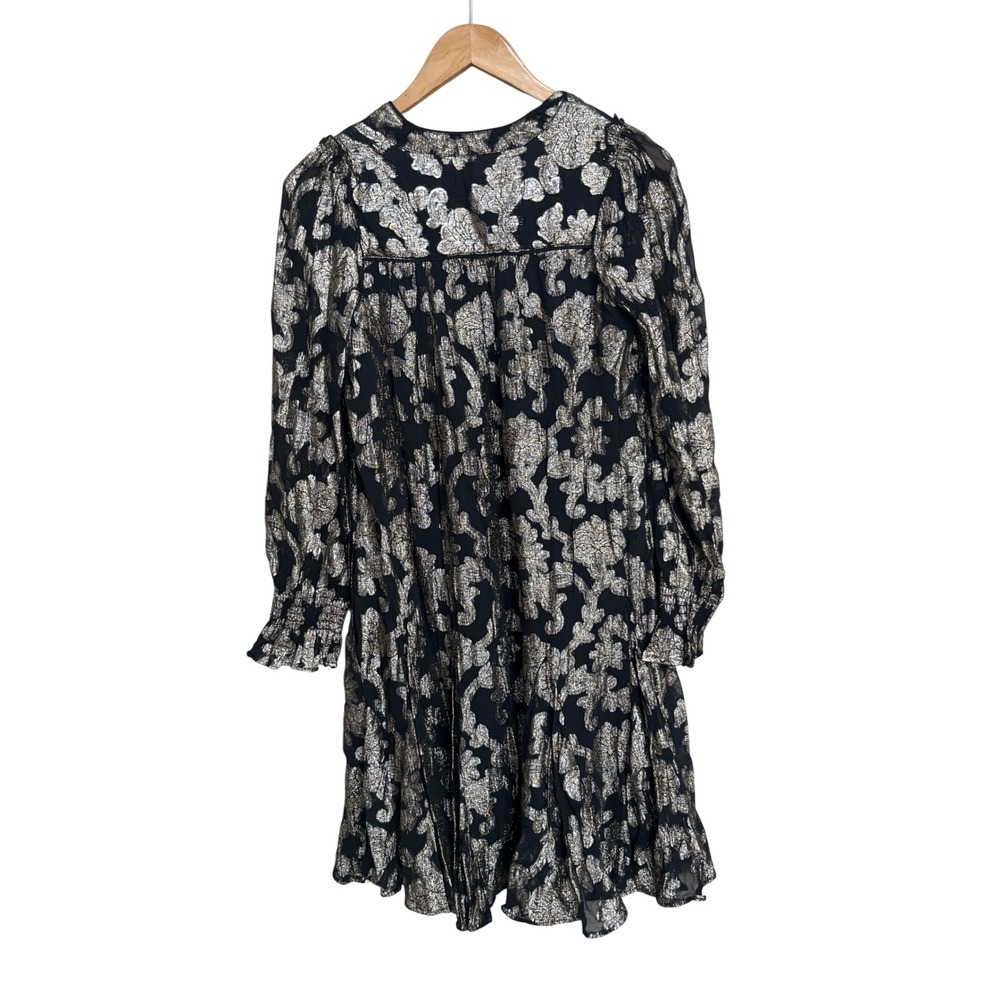 NWT Anthropologie Metallic Floral Mini Dress Black Gold XS Long Sleeve V-Neck - Picture 3 of 10